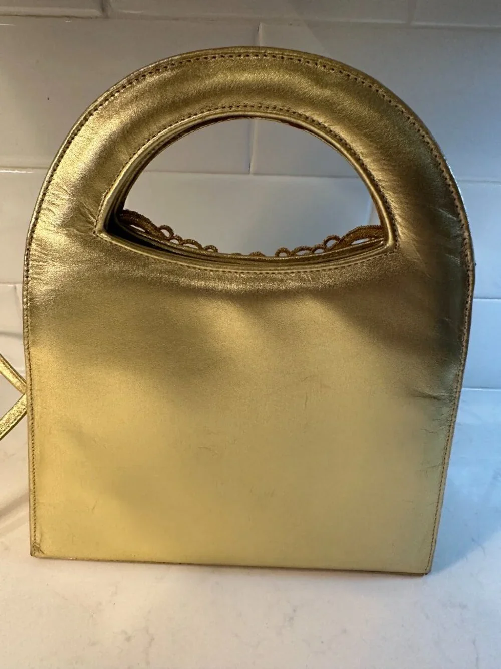 Stuart Weitzman Vintage Metallic Gold Patent Leather and Lace Evening Bag RARE